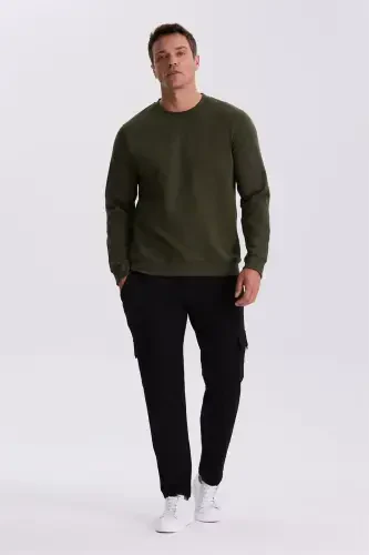 Khaki Slim Fit Crewneck Basic Cotton Blend Sweatshirt - Modazone (1)
