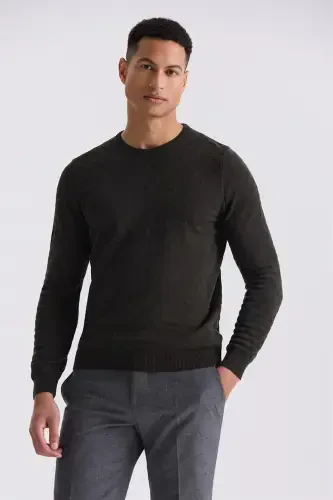 Khaki Slim Fit Henley Patterned Knitted Pullover 