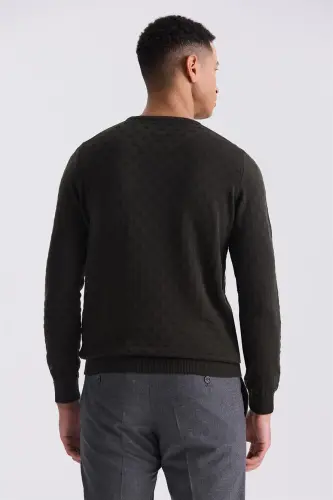 Khaki Slim Fit Henley Patterned Knitted Pullover - 4