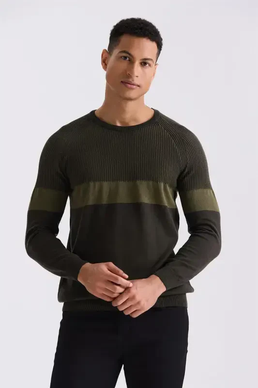 Khaki Slim Fit Henley Striped Knit Sweater - 2