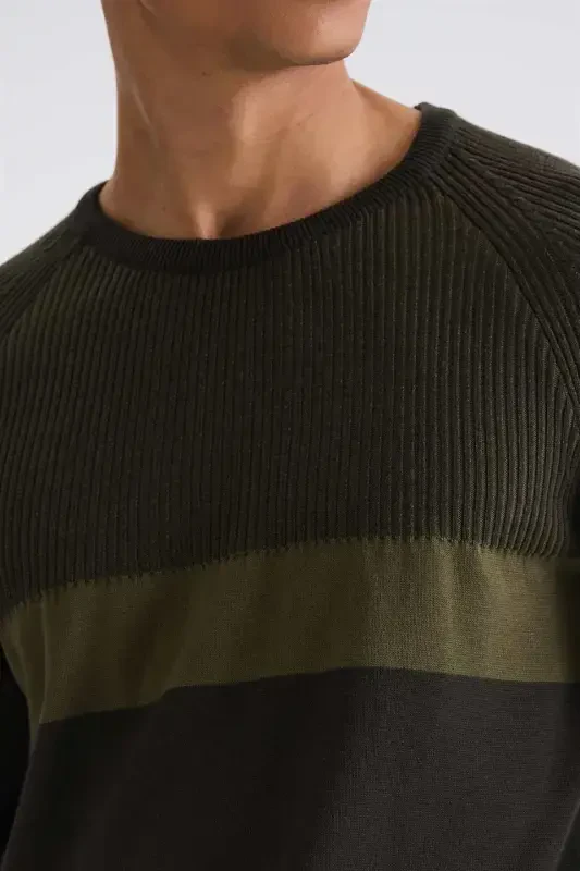 Khaki Slim Fit Henley Striped Knit Sweater - 4