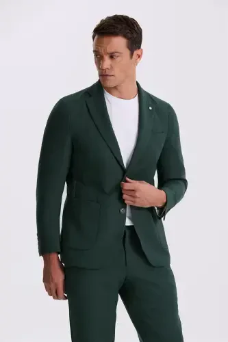 Khaki Slim Fit Mono Collar Double Slit Patterned Patch Pocket Suit - 2