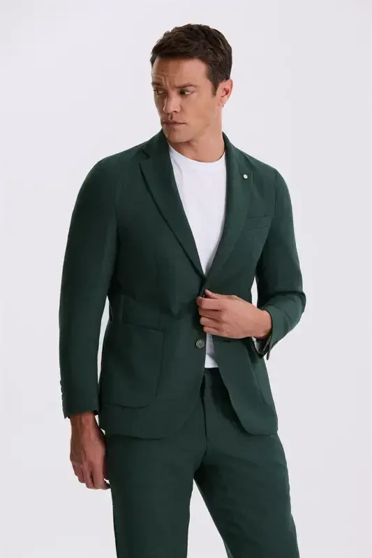 Khaki Slim Fit Mono Collar Double Slit Patterned Patch Pocket Suit - 2