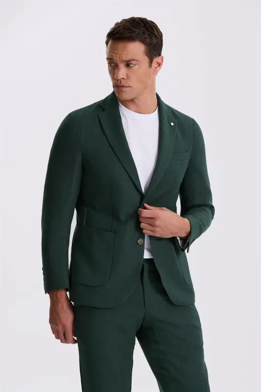 Khaki Slim Fit Mono Collar Double Slit Patterned Patch Pocket Suit - 2
