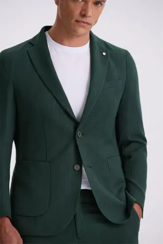 Khaki Slim Fit Mono Collar Double Slit Patterned Patch Pocket Suit - 3