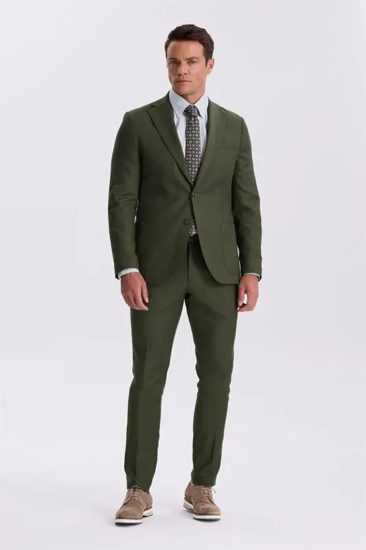Khaki Slim Fit Notch Lapel Tencel Fabric Double Vent Jetted Pocket Suit - 1