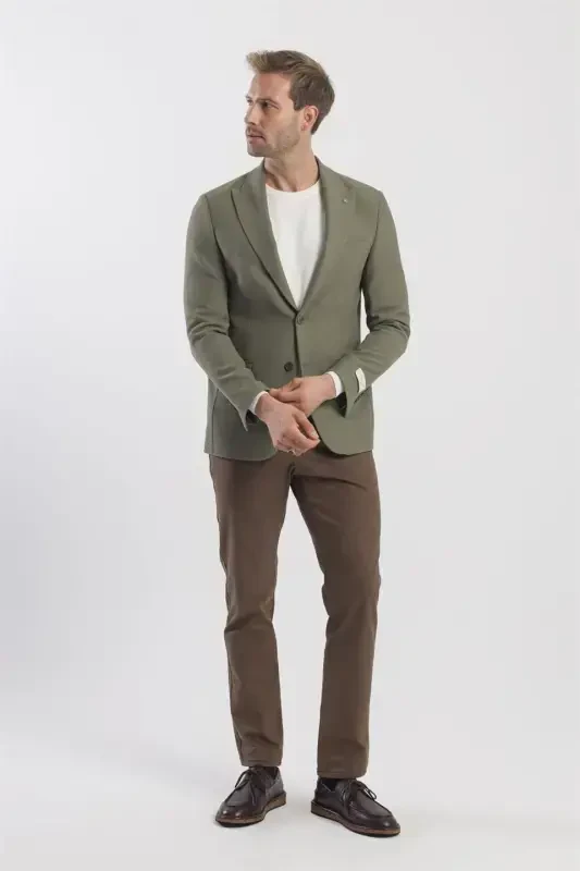 Khaki Slim Fit Patterned Lapel Jacket - 1
