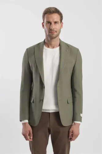Khaki Slim Fit Patterned Pointed Collar Jacket 
