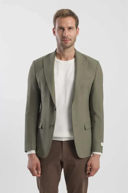 Khaki Slim Fit Patterned Pointed Collar Jacket - 1