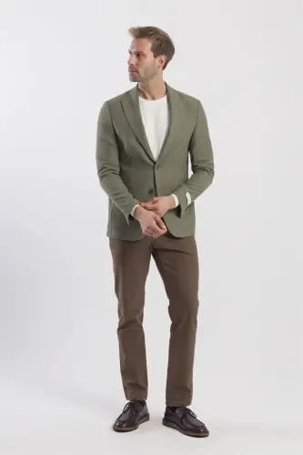 Khaki Slim Fit Patterned Pointed Collar Jacket - 2