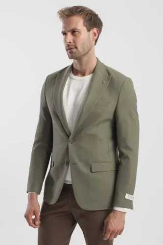 Khaki Slim Fit Patterned Pointed Collar Jacket - 3