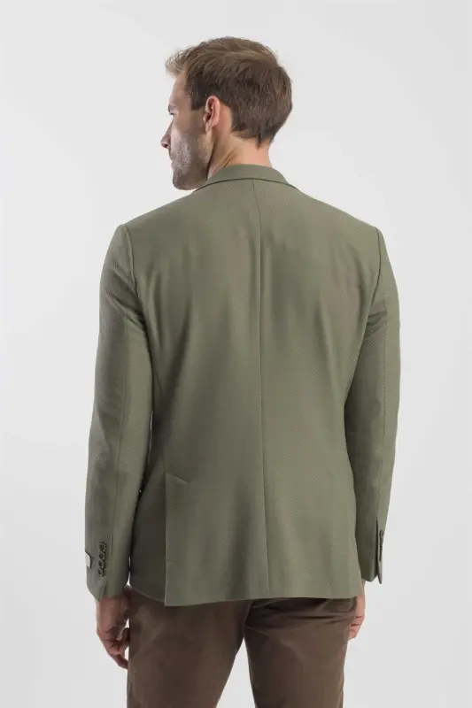 Khaki Slim Fit Patterned Pointed Collar Jacket - 4