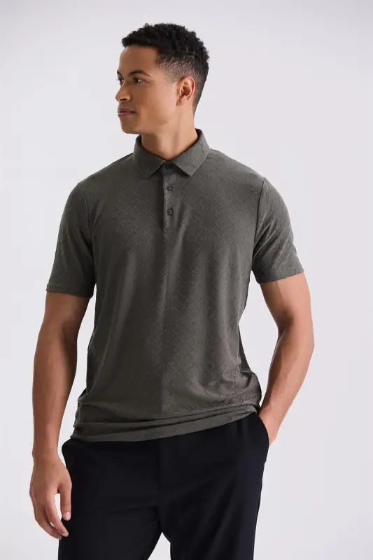 Khaki Slim Fit Patterned Polo Collar T-shirt - 1