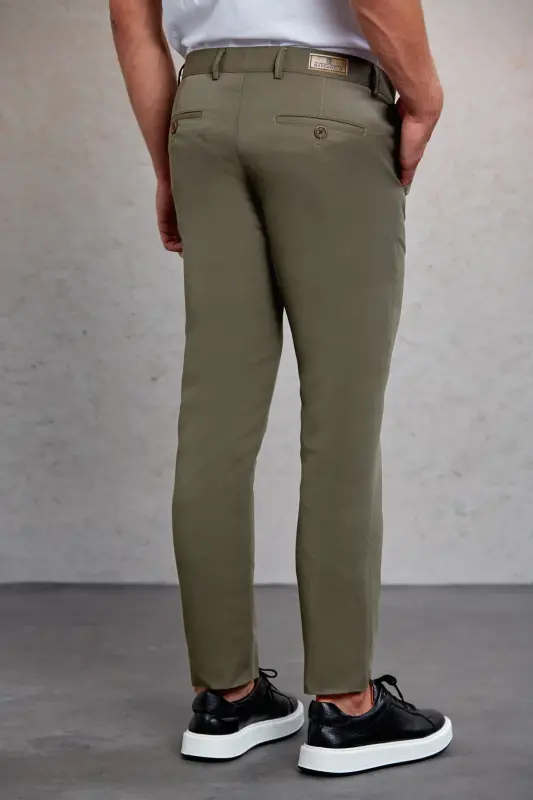Khaki Slim Fit Patterned Side Pocket Canvas Pants-H - 6