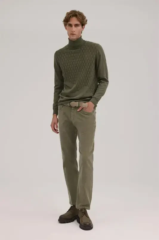 Khaki Slim Fit Patterned Turtleneck Knitwear - 2