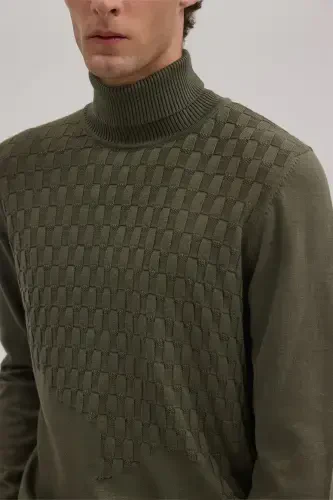Khaki Slim Fit Patterned Turtleneck Knitwear - 3