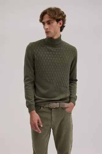 Khaki Slim Fit Patterned Turtleneck Knitwear 