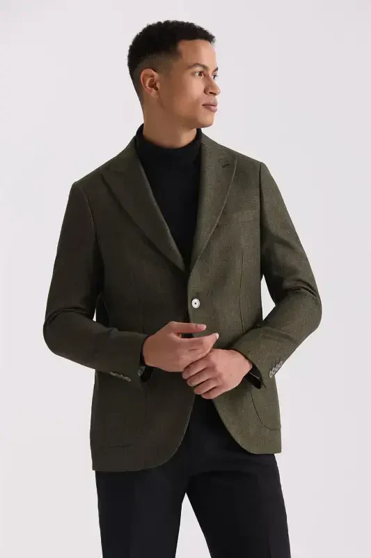 Khaki Slim Fit Pointed Collar Sports Jacket - JAKAMEN