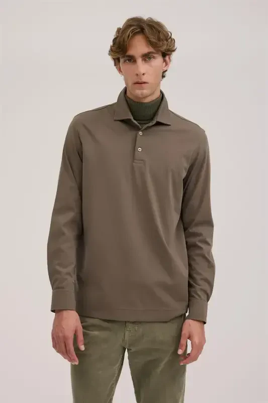 Khaki Slim Fit Polo Neck Sweatshirt - 1