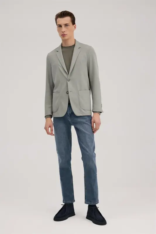 Khaki Slim Fit Single-Breasted Flap Pocket Jacket - 2