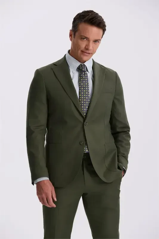 Khaki Slim Fit Single Breasted Tencel Fabric Double Slit Flap Pocket Suit - 2