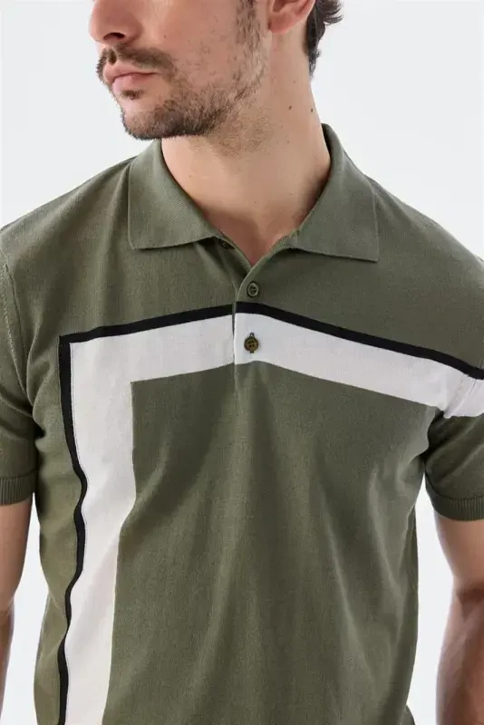 Khaki Slim Fit Striped Detail Polo T-Shirt - 4