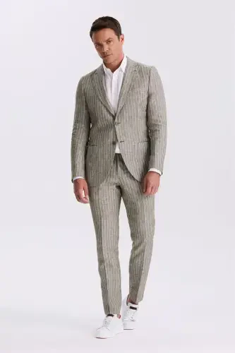 Khaki Slim Fit Swallowtail Collar Double Vent 100% Linen Casual Suit 