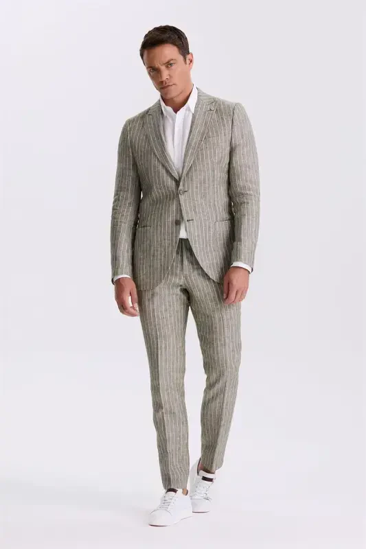 Khaki Slim Fit Swallowtail Collar Double Vent 100% Linen Casual Suit - 1