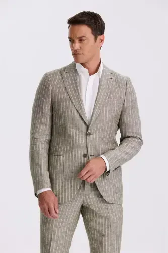 Khaki Slim Fit Swallowtail Collar Double Vent 100% Linen Casual Suit - JAKAMEN (1)