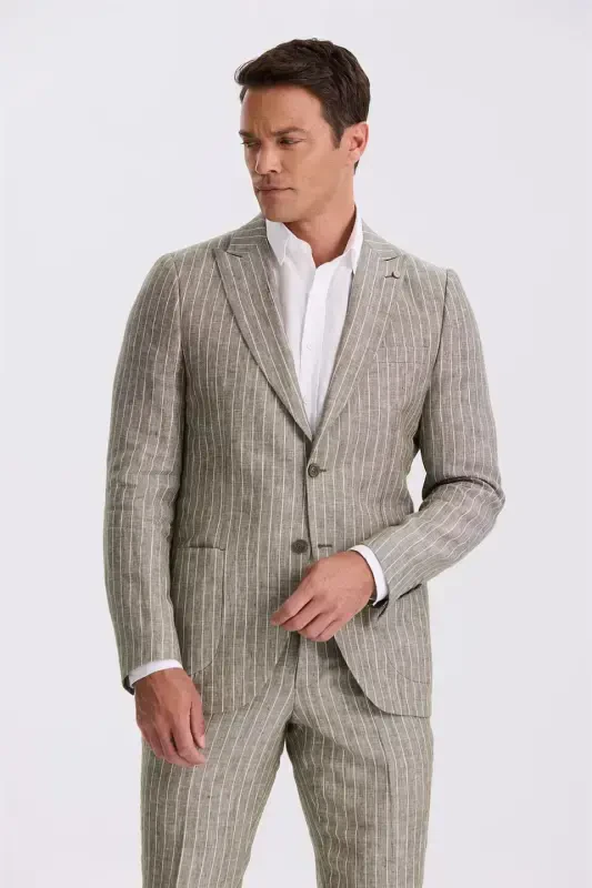 Khaki Slim Fit Swallowtail Collar Double Vent 100% Linen Casual Suit - 2