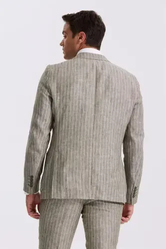 Khaki Slim Fit Swallowtail Collar Double Vent 100% Linen Casual Suit - 4