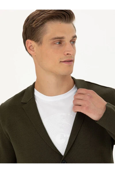 Khaki Slim Fit V-Neck Knit Cardigan - CACHAREL (1)