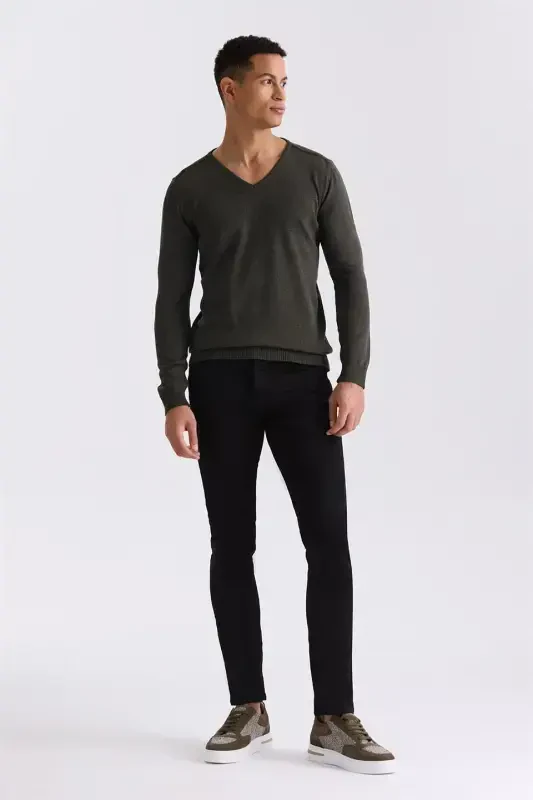 Khaki Slim Fit V-Neck Knit Sweater - 2