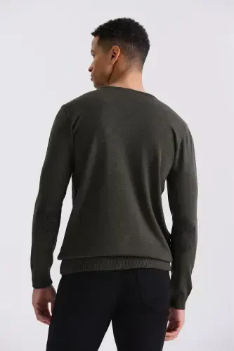 Khaki Slim Fit V-Neck Knit Sweater - 4