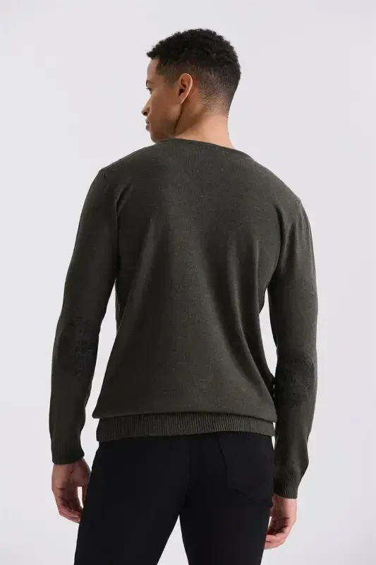 Khaki Slim Fit V-Neck Knit Sweater - 4