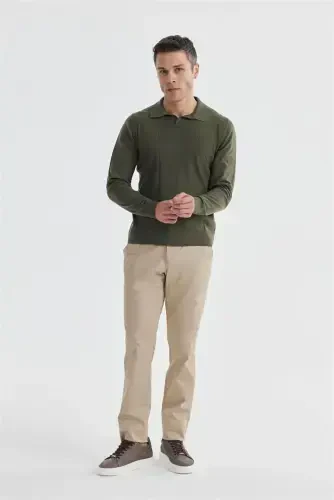 Khaki Slim Fit Wool Cashmere Blend Patterned Polo Neck Jumper - 1