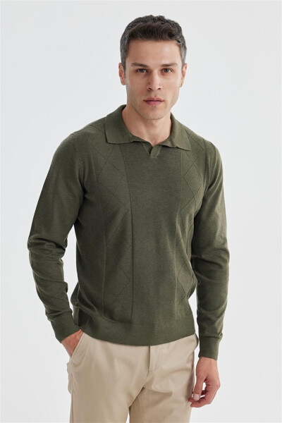 Khaki Slim Fit Wool Cashmere Blend Patterned Polo Neck Knitwear - 2