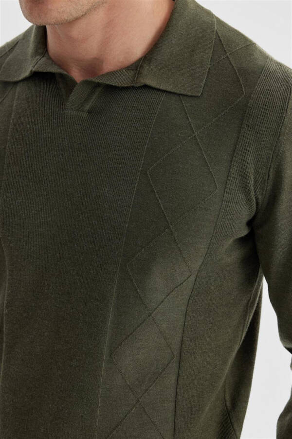 Khaki Slim Fit Wool Cashmere Blend Patterned Polo Neck Knitwear - 3