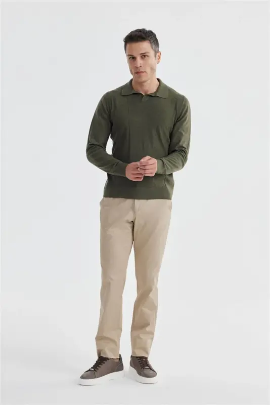 Khaki Slim Fit Wool Cashmere Blend Patterned Polo Neck Knitwear - JAKAMEN