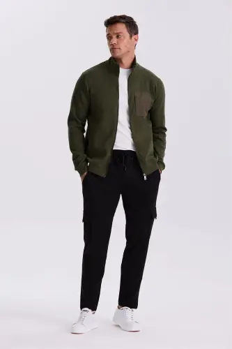 Khaki Slim Fit Zippered Cotton Lycra Sweatshirt 