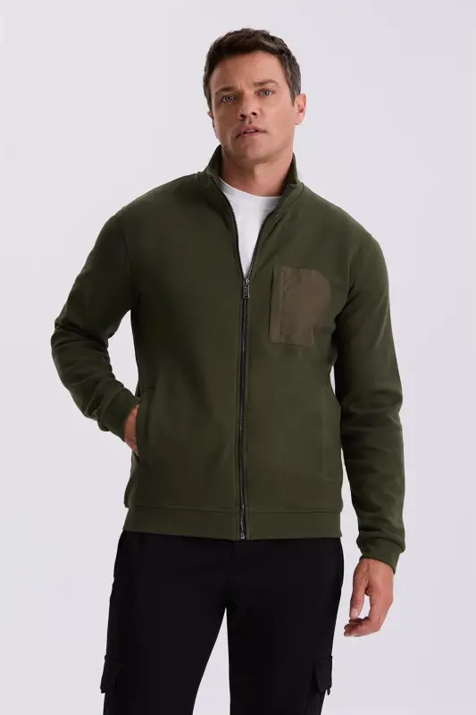 Khaki Slim Fit Zippered Cotton Lycra Sweatshirt - 2