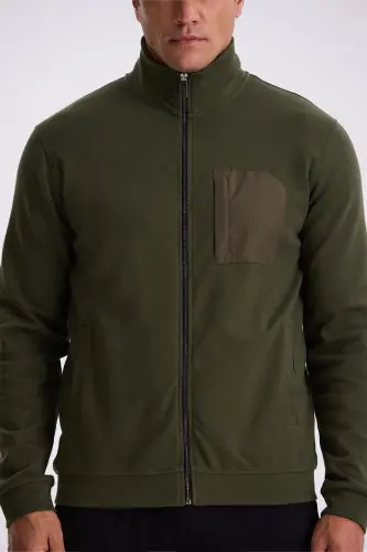 Khaki Slim Fit Zippered Cotton Lycra Sweatshirt - 3