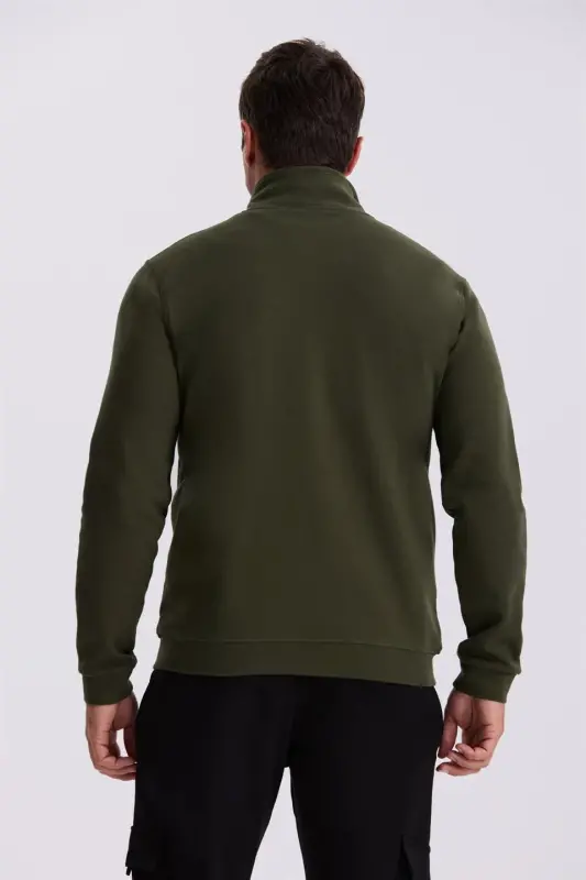 Khaki Slim Fit Zippered Cotton Lycra Sweatshirt - 4