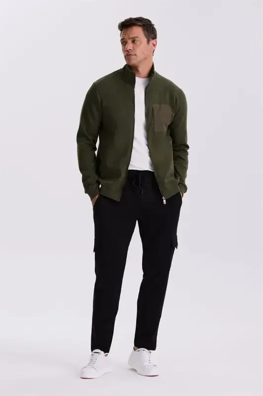 Khaki Slim Fit Zippered Cotton Lycra Sweatshirt - 1