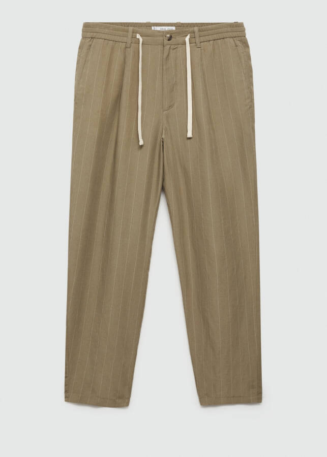 Khaki striped drawstring pants with linen blend. - 1