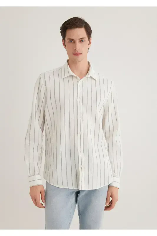 Khaki Striped Shirt Regular Fit / Normal Cut 021 - 4