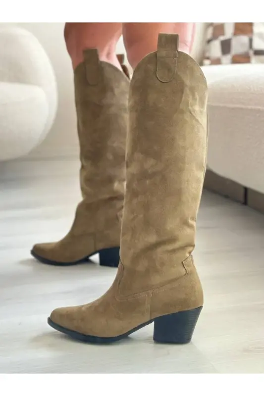 Khaki Suede Western Style Below-the-Knee Long Women's Boot - Khaki - 5