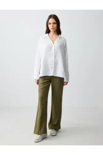 Khaki Wide Leg High Waisted Linen Pants - 1