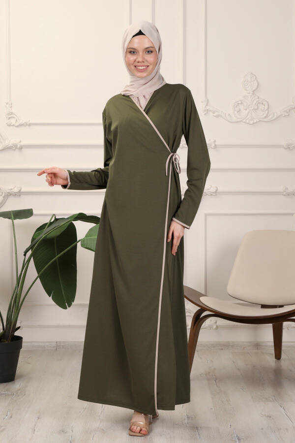 Khaki Wrap Collar Cuffed Stretchy Interlock Fabric Prayer Dress - 1