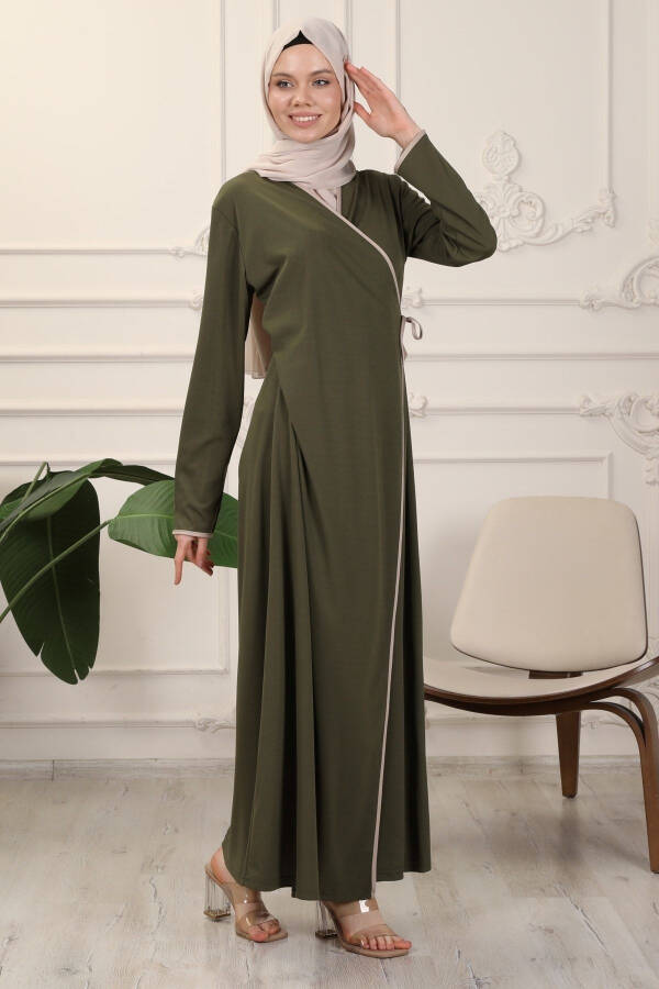 Khaki Wrap Collar Cuffed Stretchy Interlock Fabric Prayer Dress - 2